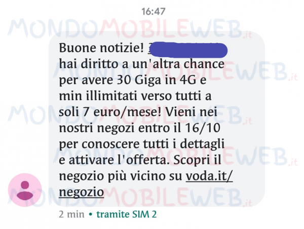 Vodafone SMS winback Special Minuti 30GB