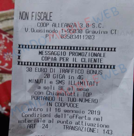 Scontrino Bonus 30 euro CoopVoce