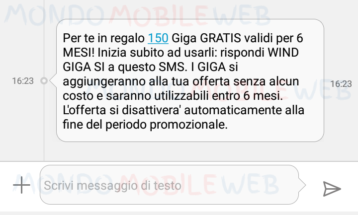 150 Giga regalo gratis Wind SMS